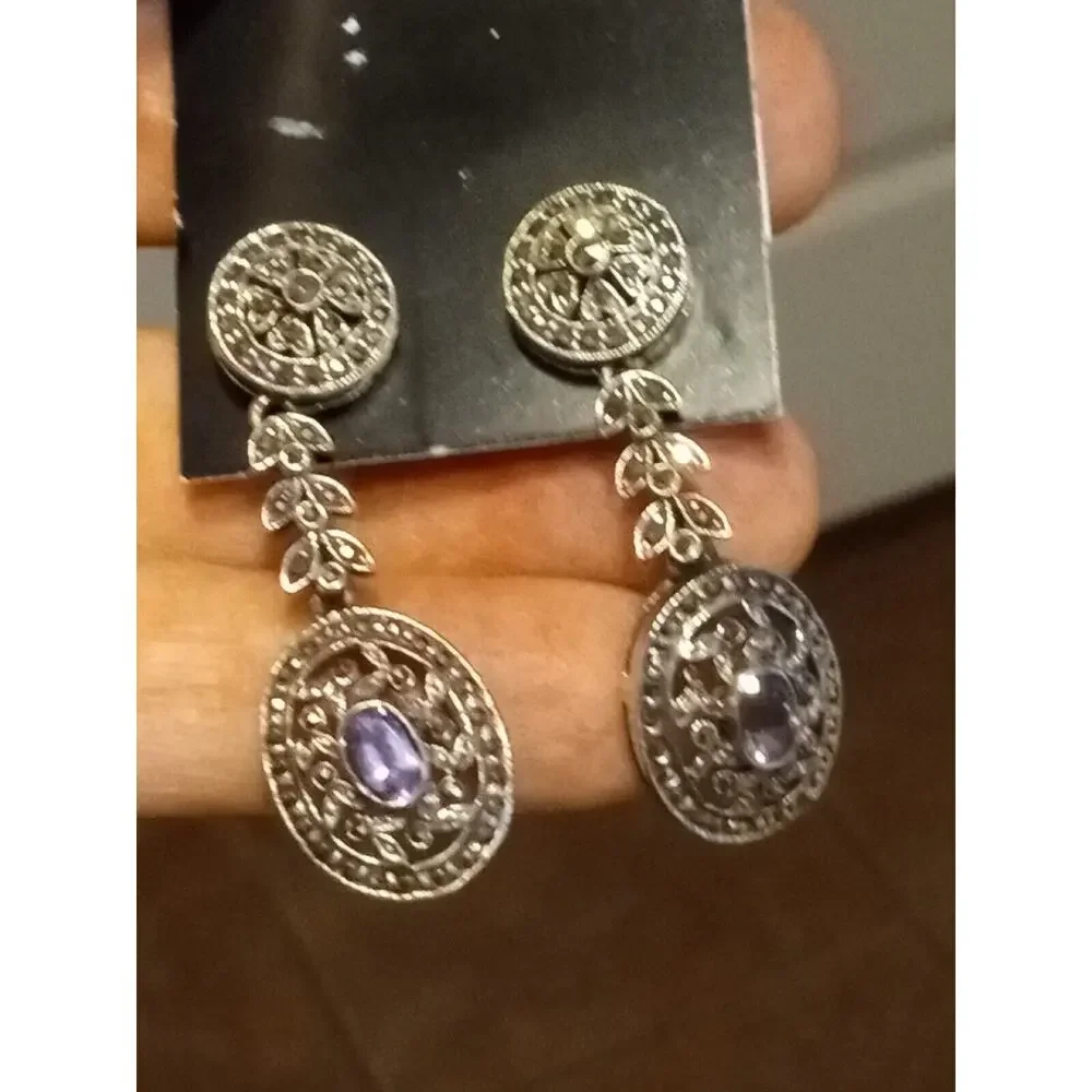 925 Silver - Vintage Victorian Amethyst & Marcasite Dangle Earrings